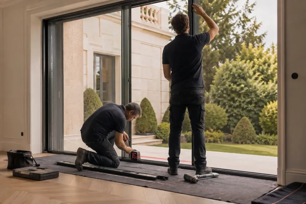 Deux poseurs professionnels installent et ajustent une grande baie vitrée coulissante en aluminium noir ouvrant sur le jardin d'une maison.